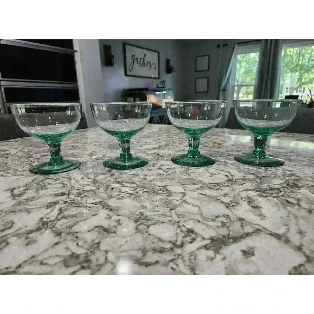 4 Hand Blown Glass Pistachio Green Dessert Sorbet Goblets